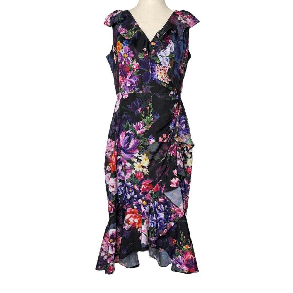 Marchesa Notte Ruffle Cocktail Floral Sleeveless Dress